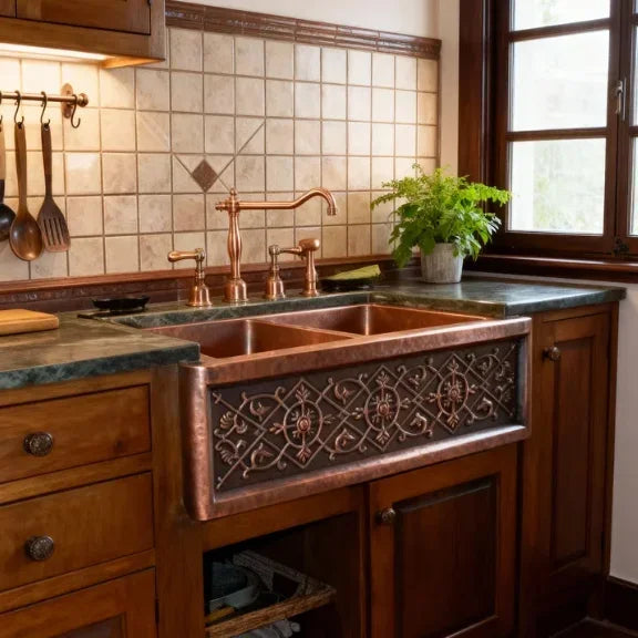 Old World Style Custom Handmade Copper Farmhouse Sink Single Bowl Curve Apron Front Hand Hammer Design Kitchen Basin