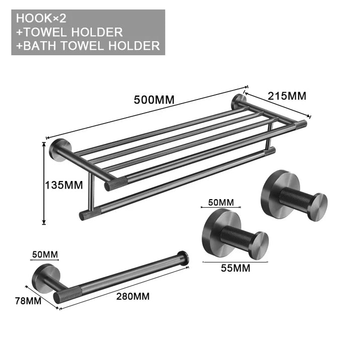Grey Gun Metal Bathroom Hardware Set Accessories Kit Stainless Steel Round Wall Rack Hand Bar Toilet Roll Paper Holder Robe Towel Hook