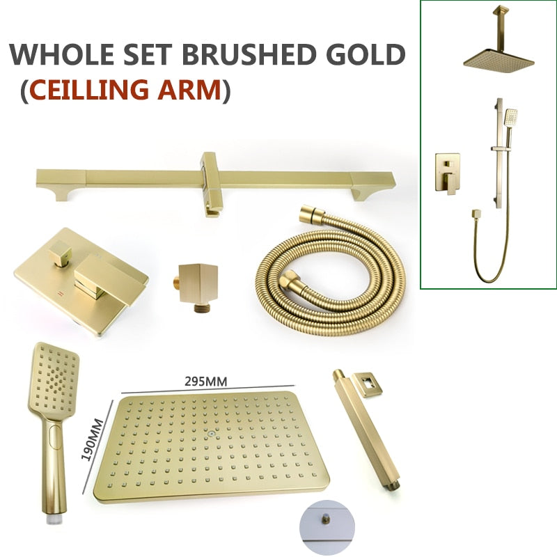 Chrome-Black-Brushed Gold  CSA -Modern rectangular 12x12"  rain head with  2 way function diverter completed shower kit