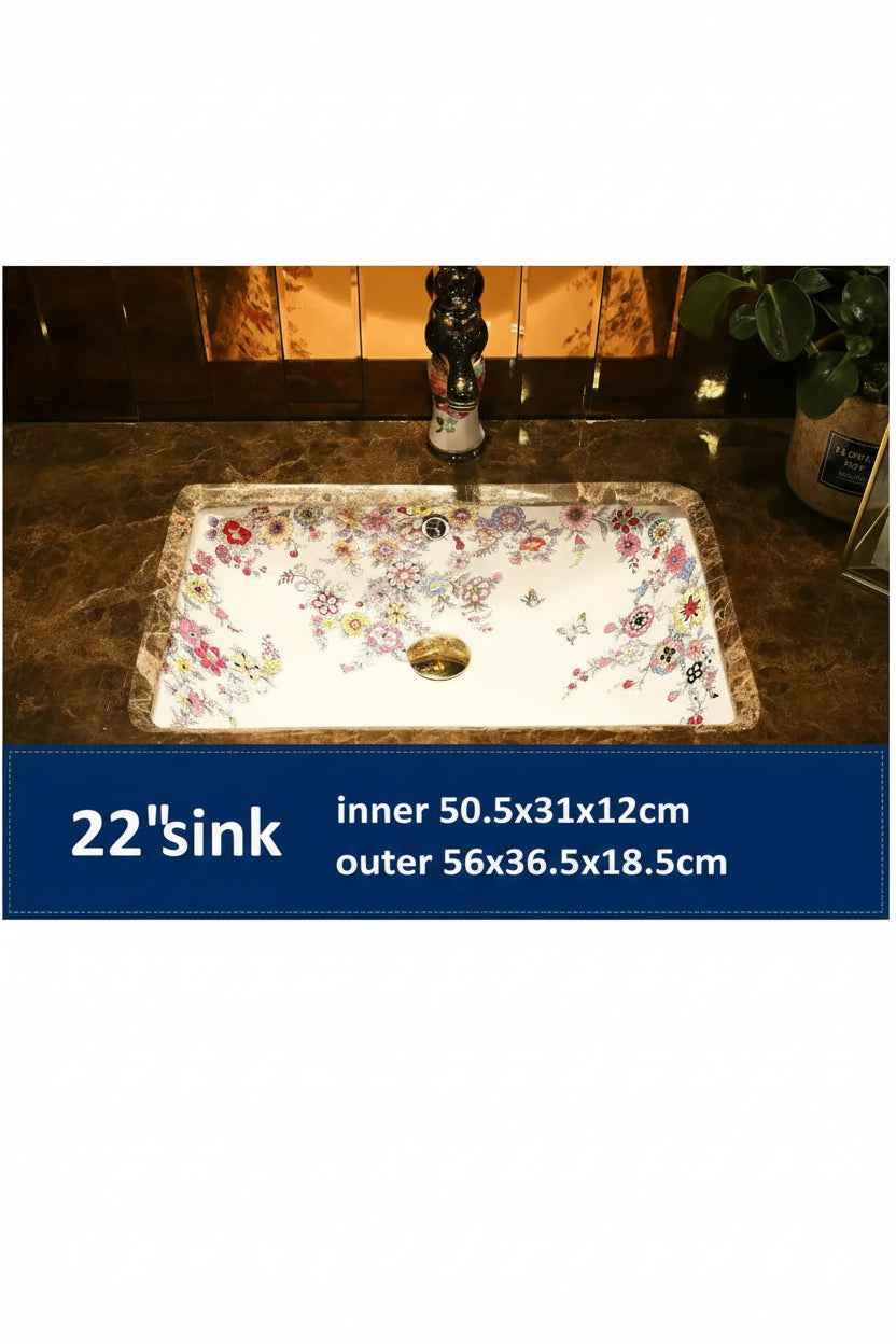 Victorian Artisan  Artistic Home Decoration Blooming Flowers Rectangular Under Counter Ceramic Wash Basin Drop-in Bathroom Vanity Sink