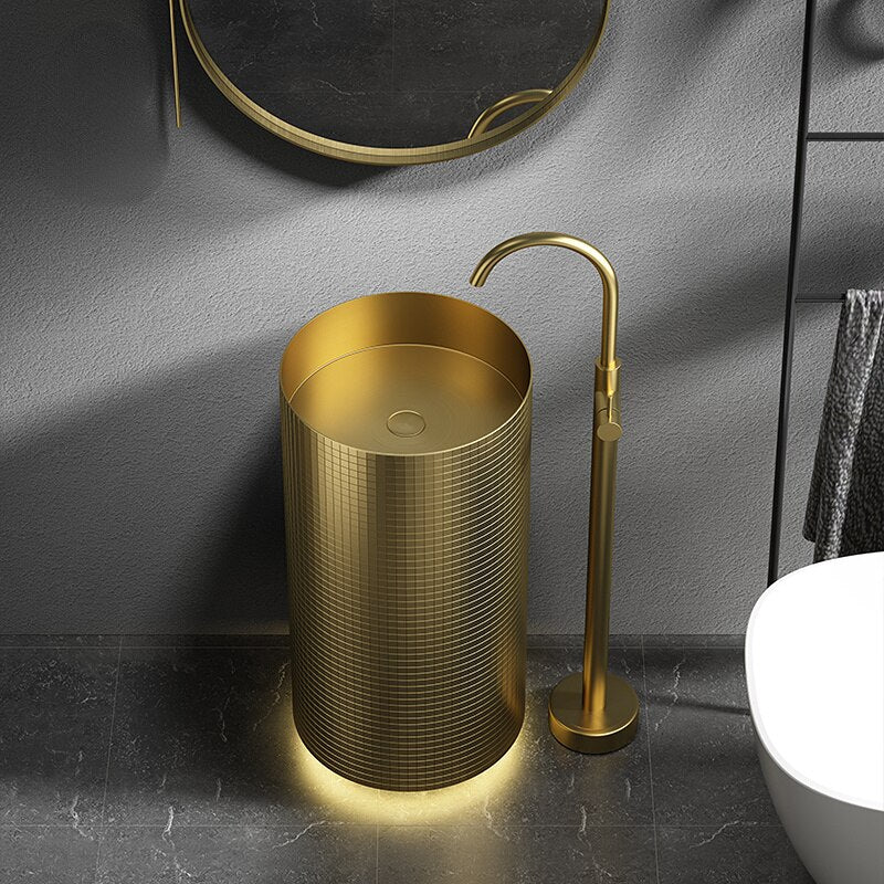 Brushed Gold round stainless steel freestanding pedestal basin sink