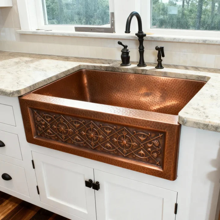 Old World Style Custom Handmade Copper Farmhouse Sink Single Bowl Curve Apron Front Hand Hammer Design Kitchen Basin