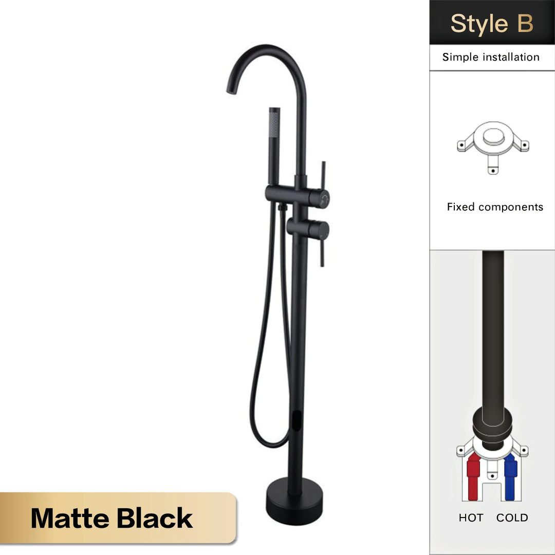 Zig- Brass Bathroom Freestanding Bathtub filler faucet. Floor Standing Design with Simple 2 Handle Hot and Cold Bathtub and Dual-Mode Faucet