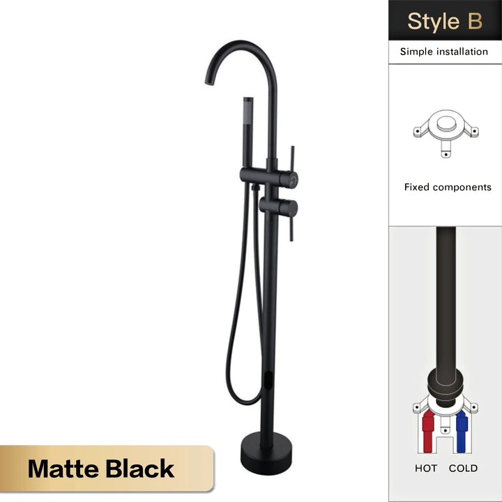 Zig- Brass Bathroom Freestanding Bathtub filler faucet. Floor Standing Design with Simple 2 Handle Hot and Cold Bathtub and Dual-Mode Faucet