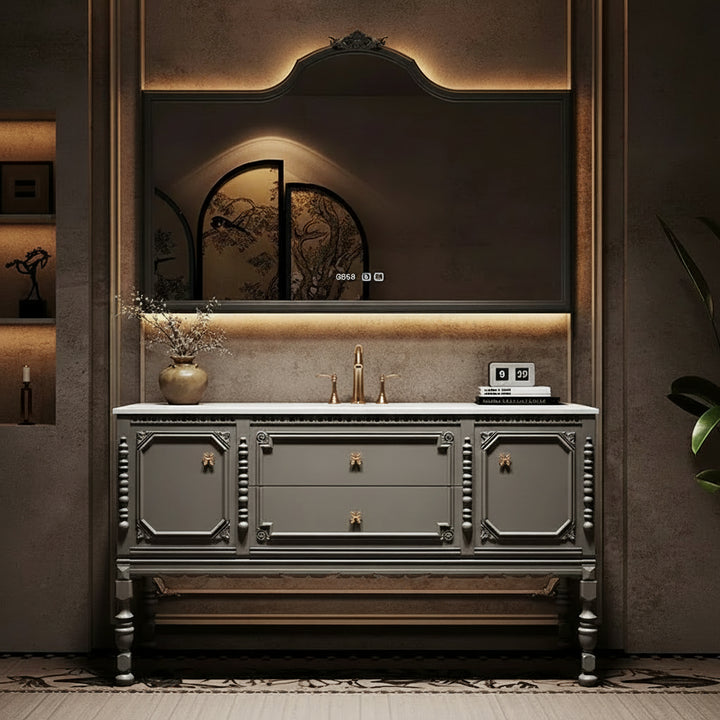 French Luis XIV Retro Oak Bathroom Vanity Cabinet Floor-to-Ceiling Rock Slab Washstand with Mirror And Light Solid Wood
