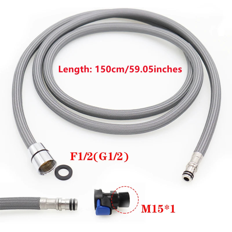 150cm Kitchen Faucet Hose Replacement Pull Out Nylon Braided Flexible Plumbing Hose G1/2 M15 Black Grey Spinning Tube Accessory