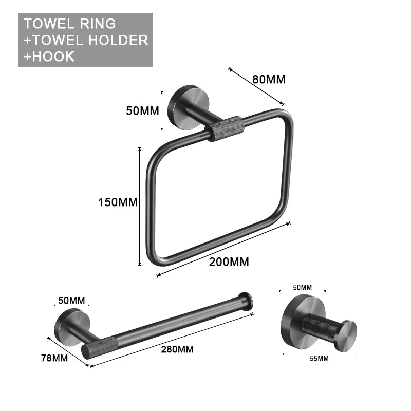 Grey Gun Metal Bathroom Hardware Set Accessories Kit Stainless Steel Round Wall Rack Hand Bar Toilet Roll Paper Holder Robe Towel Hook