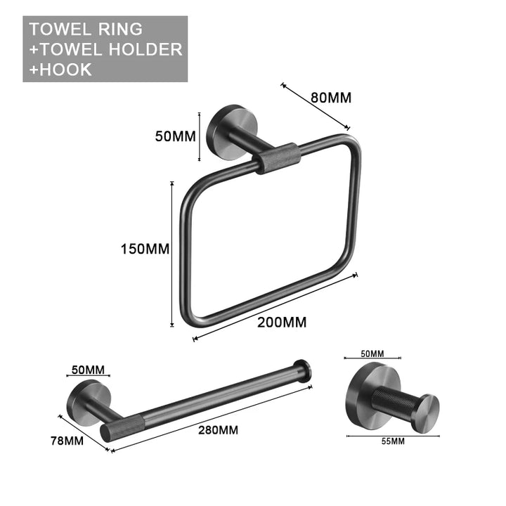 Grey Gun Metal Bathroom Hardware Set Accessories Kit Stainless Steel Round Wall Rack Hand Bar Toilet Roll Paper Holder Robe Towel Hook