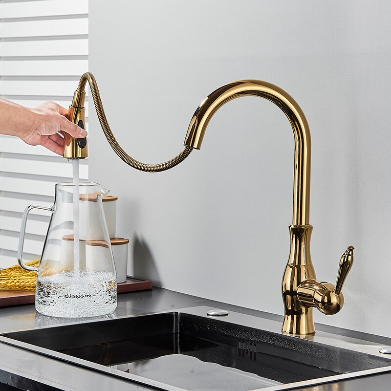 Rosa- -Rose gold polished tradtional victorian pull out dual spray kitchen faucet