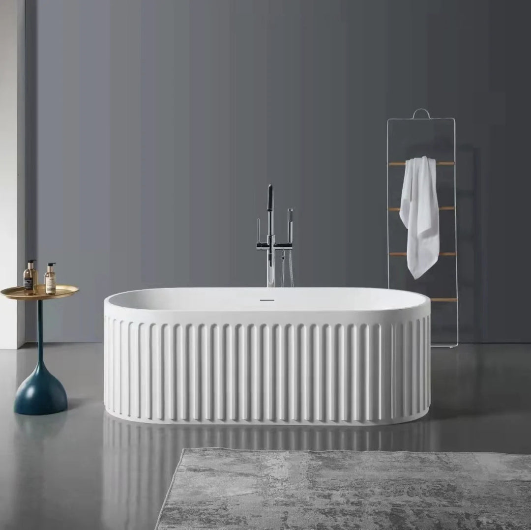 Classic Deep Soaking Oval Bathtub Alone Solid Surface Center Drain Glossy White 70"