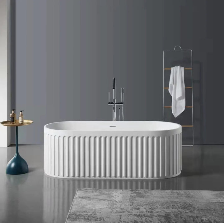 Classic Deep Soaking Oval Bathtub Alone Solid Surface Center Drain Glossy White 70"
