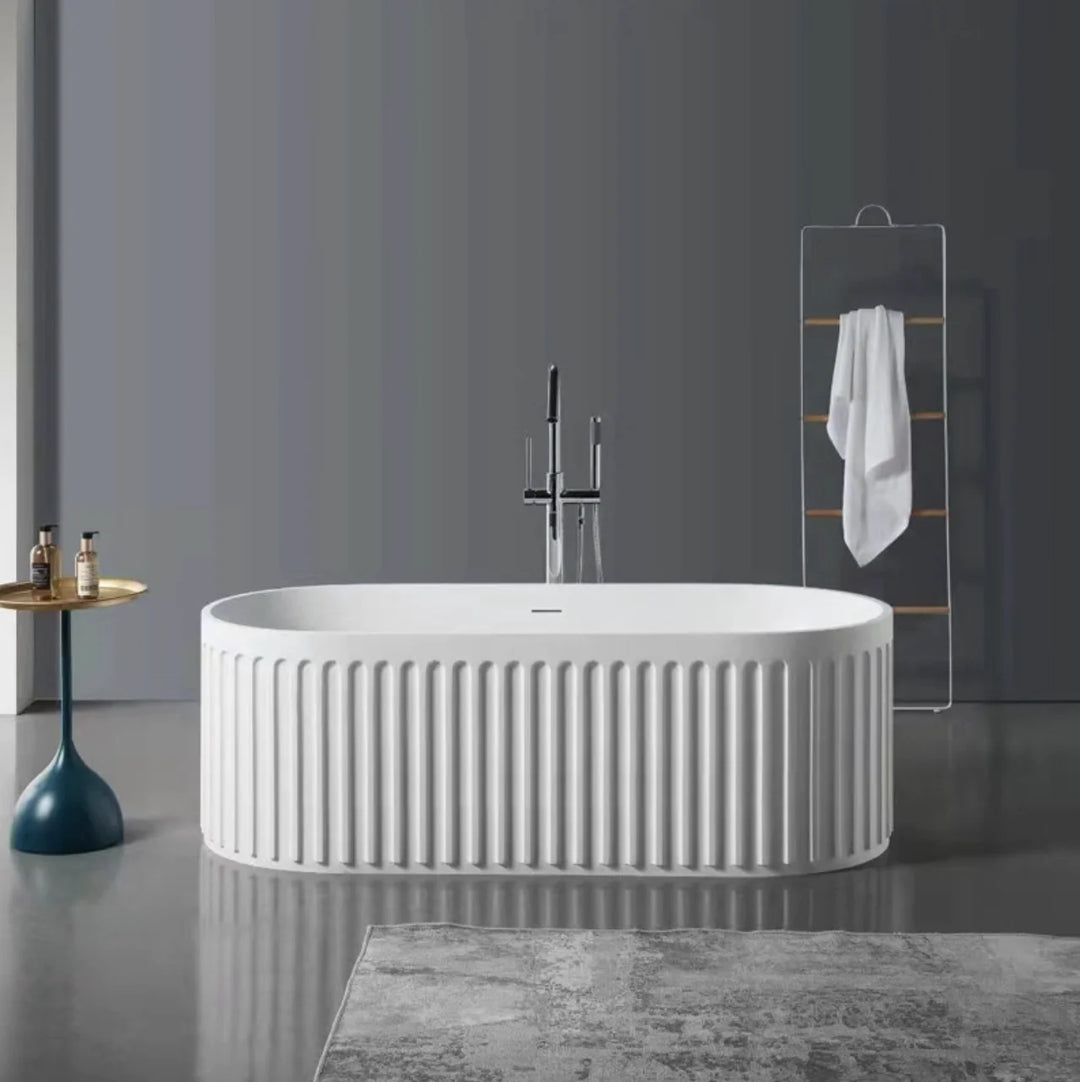 Classic Deep Soaking Oval Bathtub Alone Solid Surface Center Drain Glossy White 70"