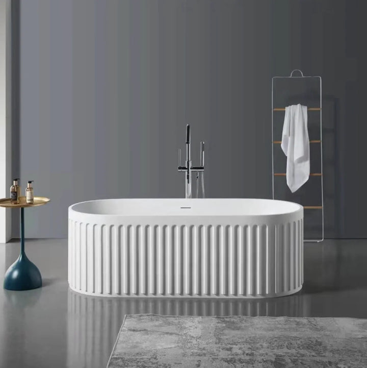 Classic Deep Soaking Oval Bathtub Alone Solid Surface Center Drain Glossy White 70"