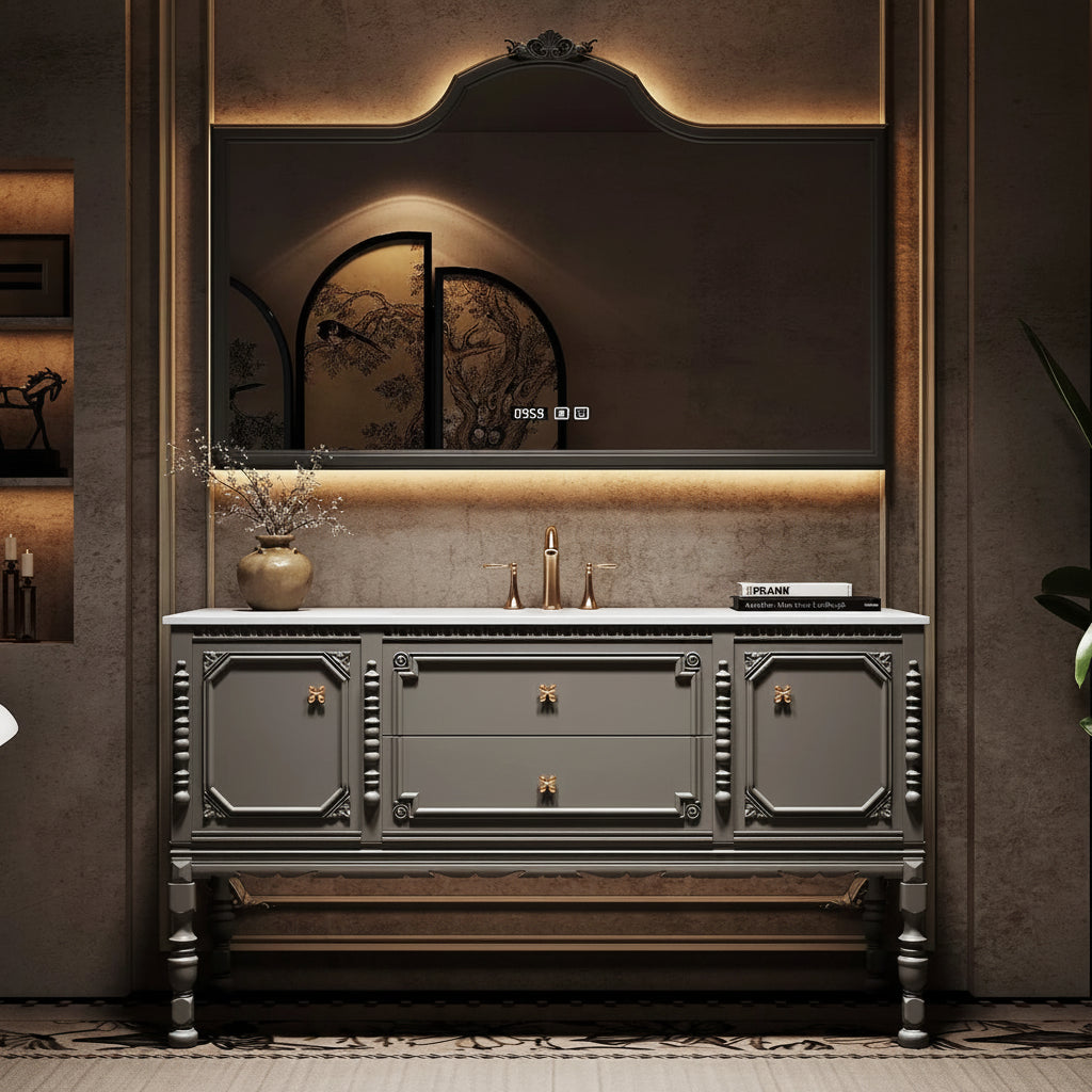 An ornate gray bathroom vanity cabinet with a white marble countertop, integrated sink, and decorative brass handles, set beneath a large arched mirror in a warm, luxury bathroom interior.