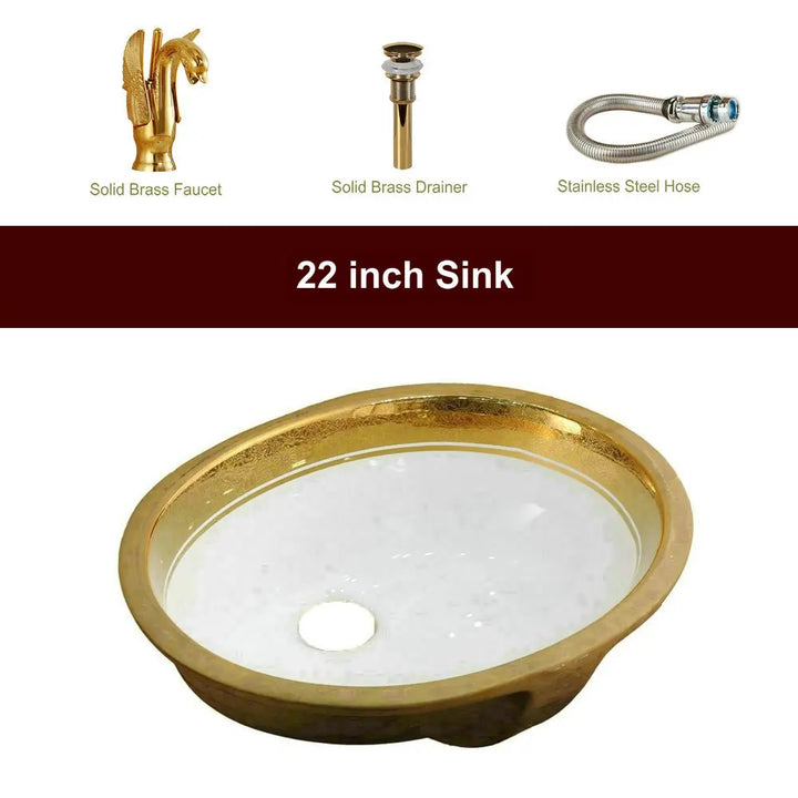 Victorian Luxury Gold Trim Oval Under Counter Basin Oval Undermount Bathroom Sink with Electroplated Gold Rim and Overflow