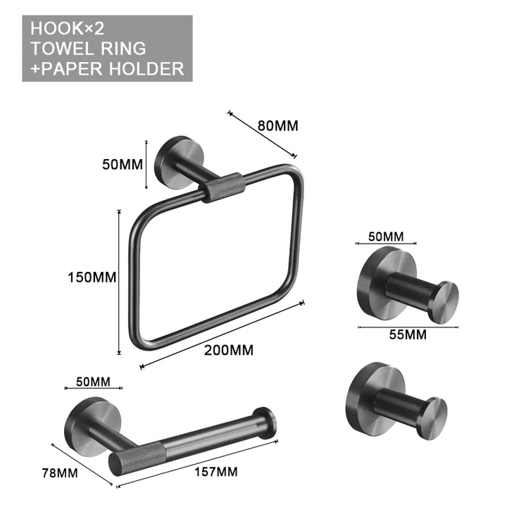 Grey Gun Metal Bathroom Hardware Set Accessories Kit Stainless Steel Round Wall Rack Hand Bar Toilet Roll Paper Holder Robe Towel Hook