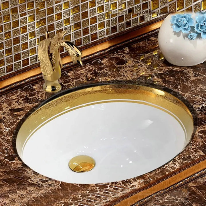 Victorian Luxury Gold Trim Oval Under Counter Basin Oval Undermount Bathroom Sink with Electroplated Gold Rim and Overflow