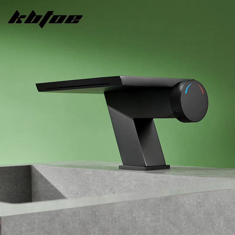 Doberman-Gun Gray/Brushed Gold Waterfall Basin Faucet Bathroom Cold Hot Knob Switch Toilet Sink Mixer Tap Deck Mounted Modern Vanity Tap