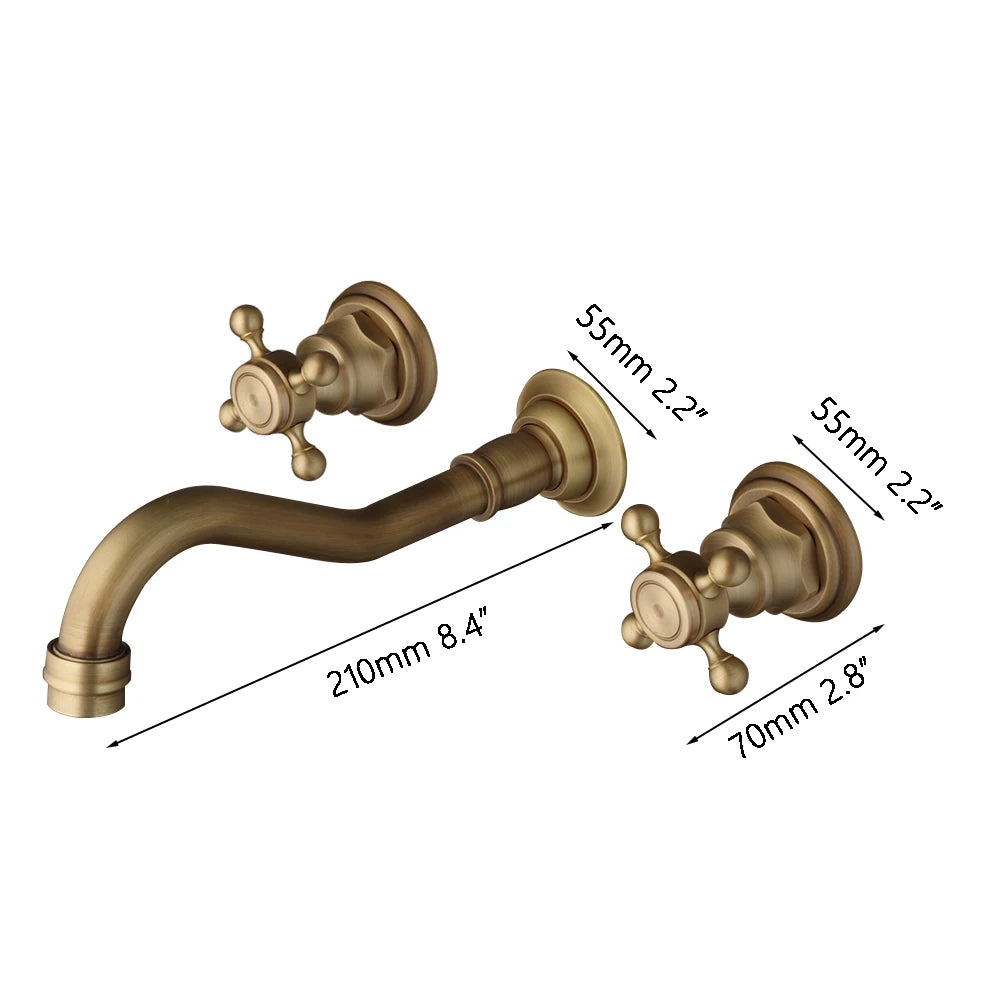 Victorian  Antique Brass Widespread Wall Mount Bathroom Faucet with 360 Swivel Spout Double Cross Handles Vanity Sink Mixer Tap