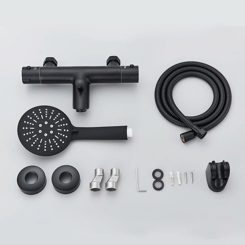 Pet-Black Thermostatic Bathroom Shower Faucet Dual Handle Bathtub Faucet Wall Mounted Mixer Tub Tap