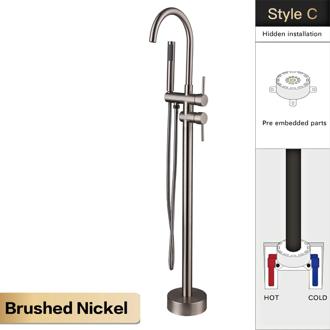 Zig- Brass Bathroom Freestanding Bathtub filler faucet. Floor Standing Design with Simple 2 Handle Hot and Cold Bathtub and Dual-Mode Faucet