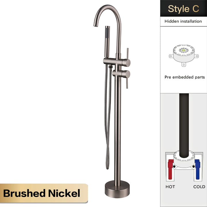 Zig- Brass Bathroom Freestanding Bathtub filler faucet. Floor Standing Design with Simple 2 Handle Hot and Cold Bathtub and Dual-Mode Faucet