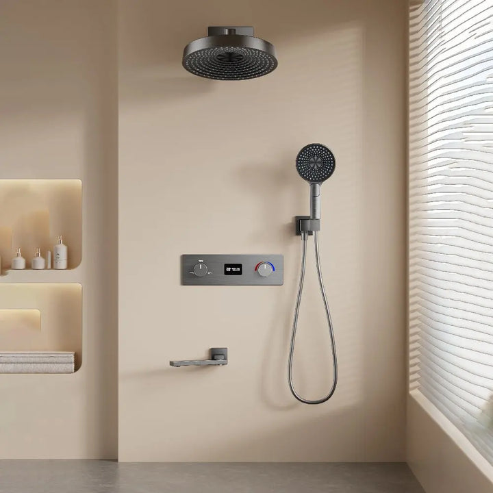Round Thermostatic Bathroom Shower Faucet In Wall Black  Bath and Shower Faucet Set  Thermostatic Mixer Bath and Rainfall Shower