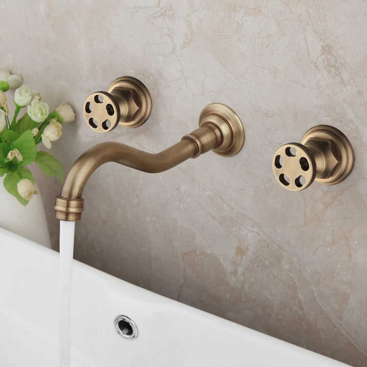 Victorian  Antique Brass Widespread Wall Mount Bathroom Faucet with 360 Swivel Spout Double Cross Handles Vanity Sink Mixer Tap