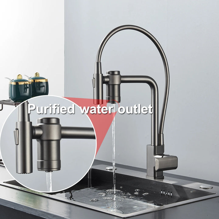 Gun Grey Pure Water Filter Kitchen Faucet Dual Handle Hot and Cold Drinking Water Pull Out Mixer Soft Hose Crane Purification