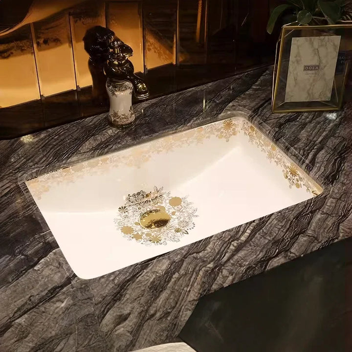 Artisan Victorian  Sunflower Rectangular Lavabo Undercounter Oval Ceramic Wash Basin with Overflow Drop In Bathroom Vanity Sink