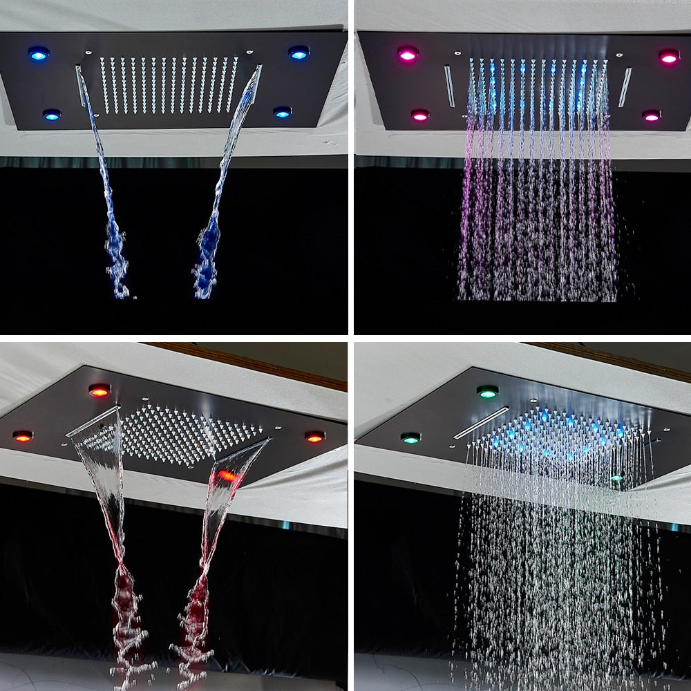 Black LED Rain Waterfall Shower Head Remote Control LED Colors Ceiling ...
