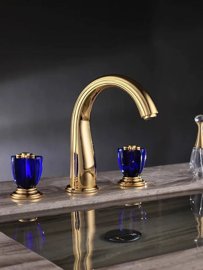 Elysee-Gold polished brass with swarosky crystal handles 8" inch wide spread bathroom faucet
