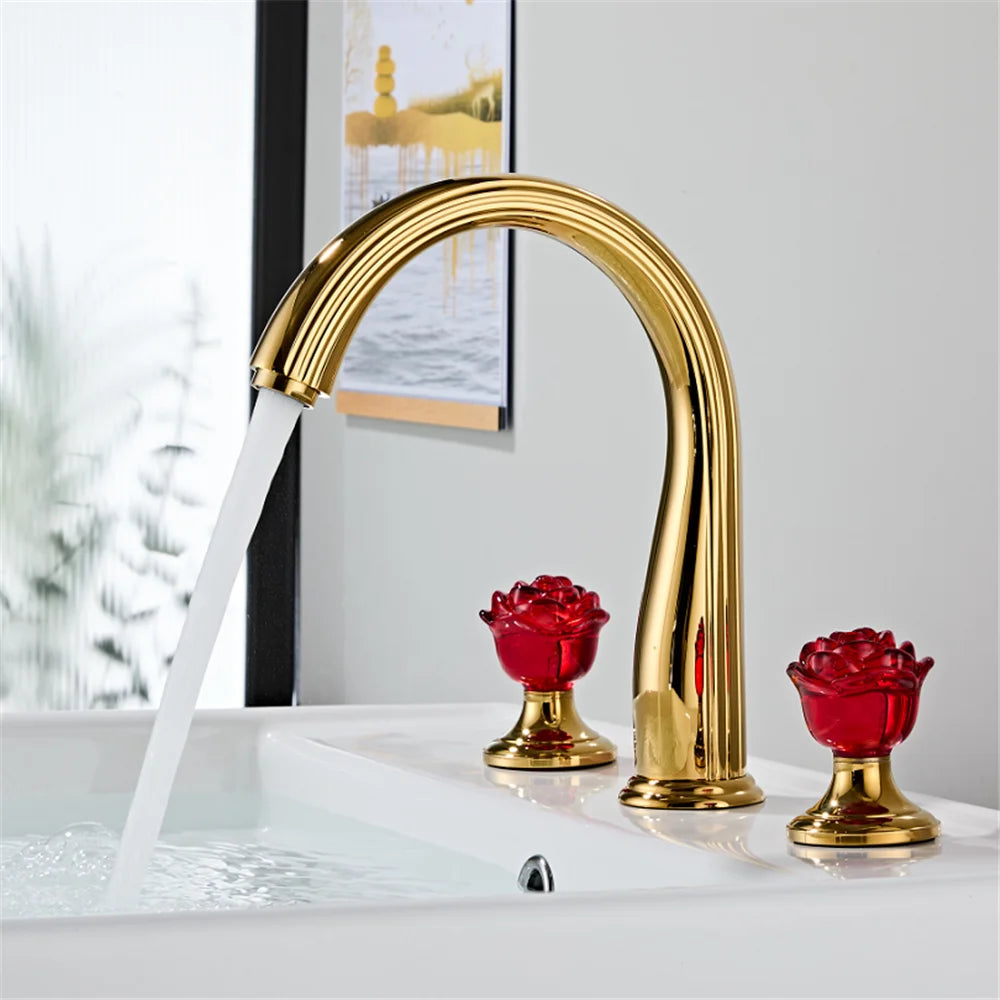 Camelia- Rose Gold Crystal Handles 8" Inch Wide Spread Faucet