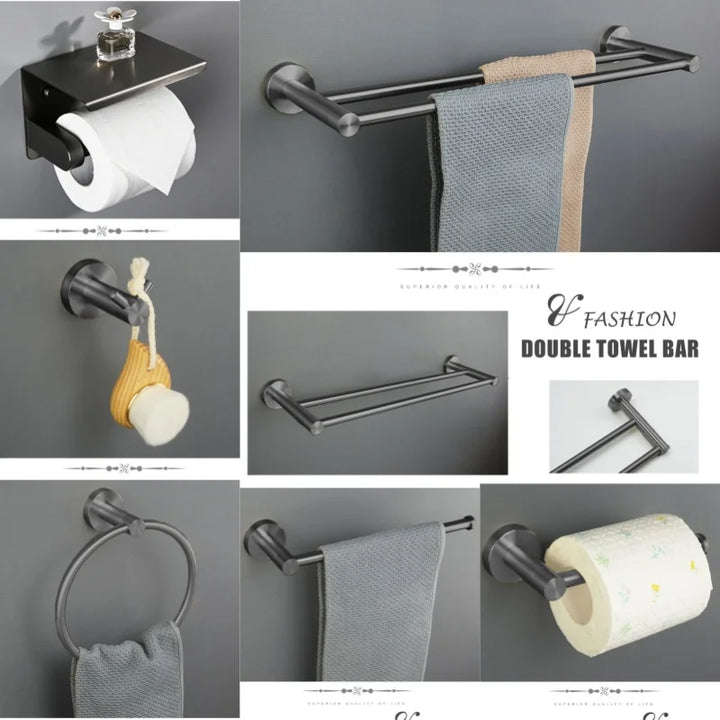Grey Gun Metal Bathroom Hardware Accessories Cup Rack Towel Rack Toilet Brush Bath Towel Rack Roll Rack Towel Bar Hook Bathroom Wall Rack