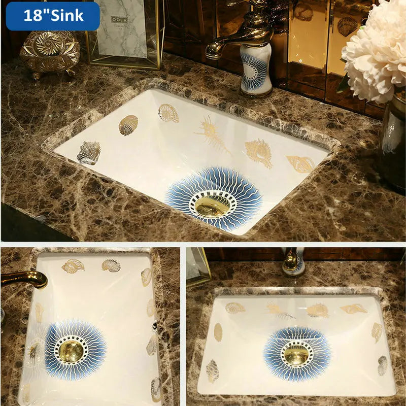Victorian Artistic Ocean Breeze Rectangular Undercounter Wash Basin Mediterranean Styles Ceramic Drop-in Bathroom Sink