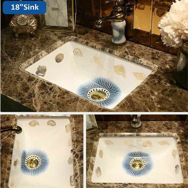 Victorian Artistic Ocean Breeze Rectangular Undercounter Wash Basin Mediterranean Styles Ceramic Drop-in Bathroom Sink