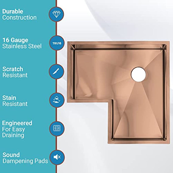 Cafe Copper -Brushed Gold-Rose Corner 30" Inch stainless steel single bowl undermount kitchen sink 14 gauge