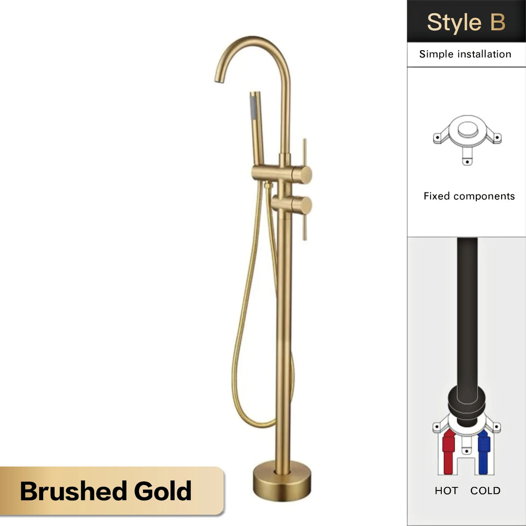 Zig- Brass Bathroom Freestanding Bathtub filler faucet. Floor Standing Design with Simple 2 Handle Hot and Cold Bathtub and Dual-Mode Faucet