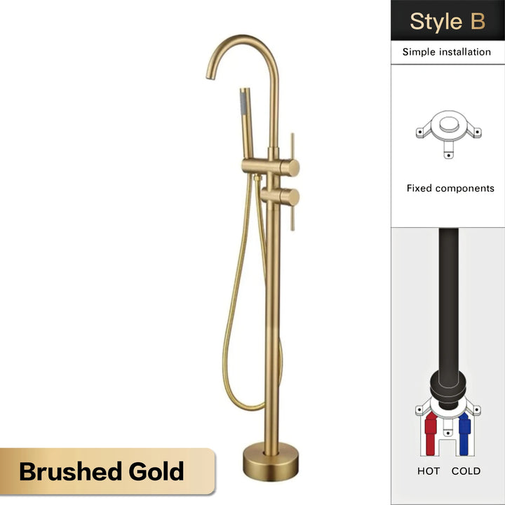 Zig- Brass Bathroom Freestanding Bathtub filler faucet. Floor Standing Design with Simple 2 Handle Hot and Cold Bathtub and Dual-Mode Faucet