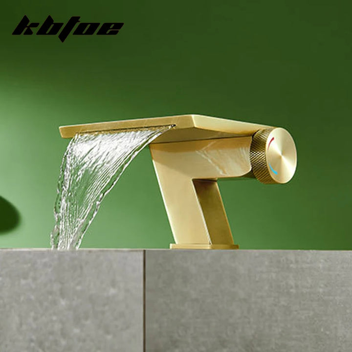 Doberman-Gun Gray/Brushed Gold Waterfall Basin Faucet Bathroom Cold Hot Knob Switch Toilet Sink Mixer Tap Deck Mounted Modern Vanity Tap