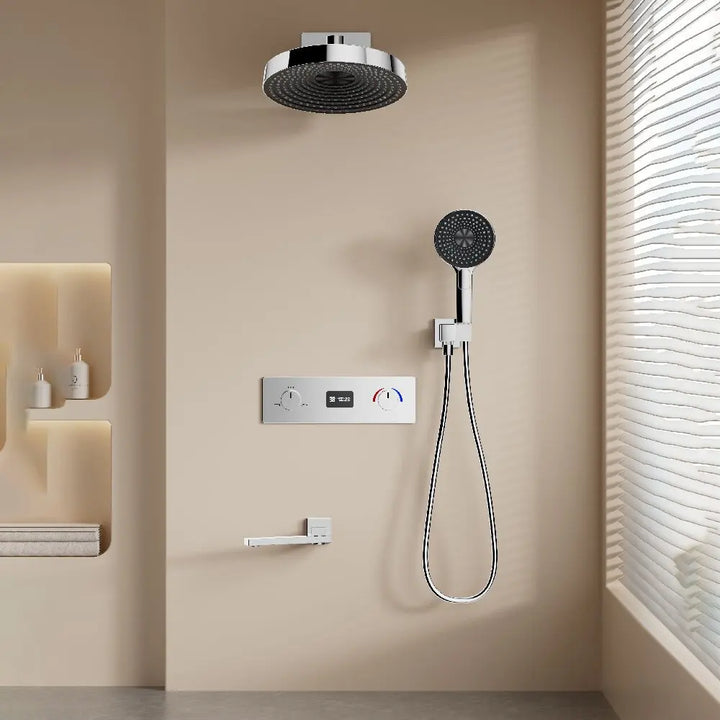 Round Thermostatic Bathroom Shower Faucet In Wall Black  Bath and Shower Faucet Set  Thermostatic Mixer Bath and Rainfall Shower