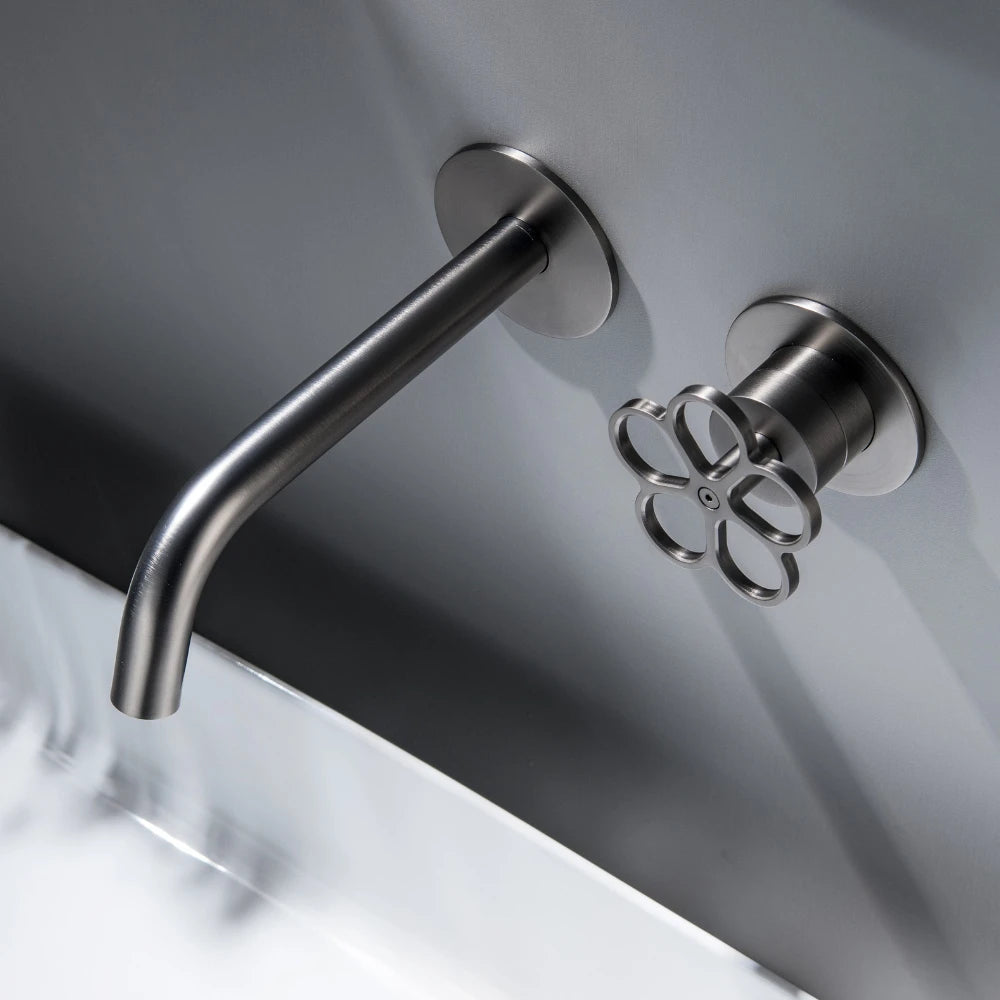 Apollonia-Wall Mounted Bathroom Basin Faucet with Plum Handle Hot Cold Water Mixer Tap