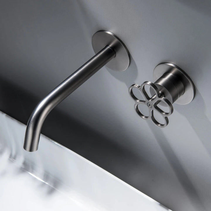 Apollonia-Wall Mounted Bathroom Basin Faucet with Plum Handle Hot Cold Water Mixer Tap