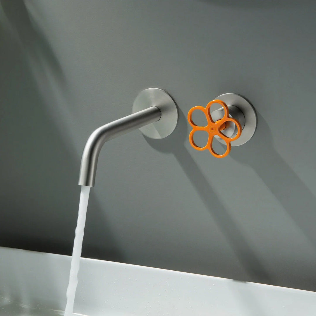 Apollonia-Wall Mounted Bathroom Basin Faucet with Plum Handle Hot Cold Water Mixer Tap