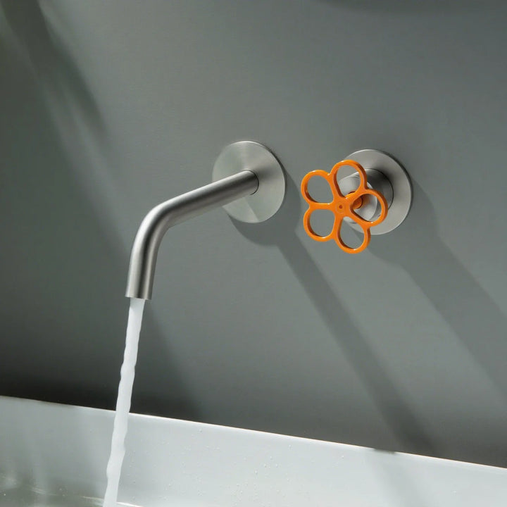 Apollonia-Wall Mounted Bathroom Basin Faucet with Plum Handle Hot Cold Water Mixer Tap