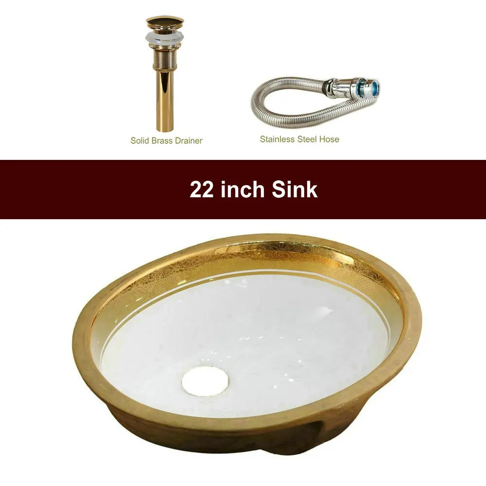 Victorian Luxury Gold Trim Oval Under Counter Basin Oval Undermount Bathroom Sink with Electroplated Gold Rim and Overflow