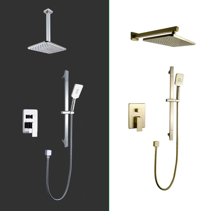 Chrome-Black-Brushed Gold  CSA -Modern rectangular 12x12"  rain head with  2 way function diverter completed shower kit