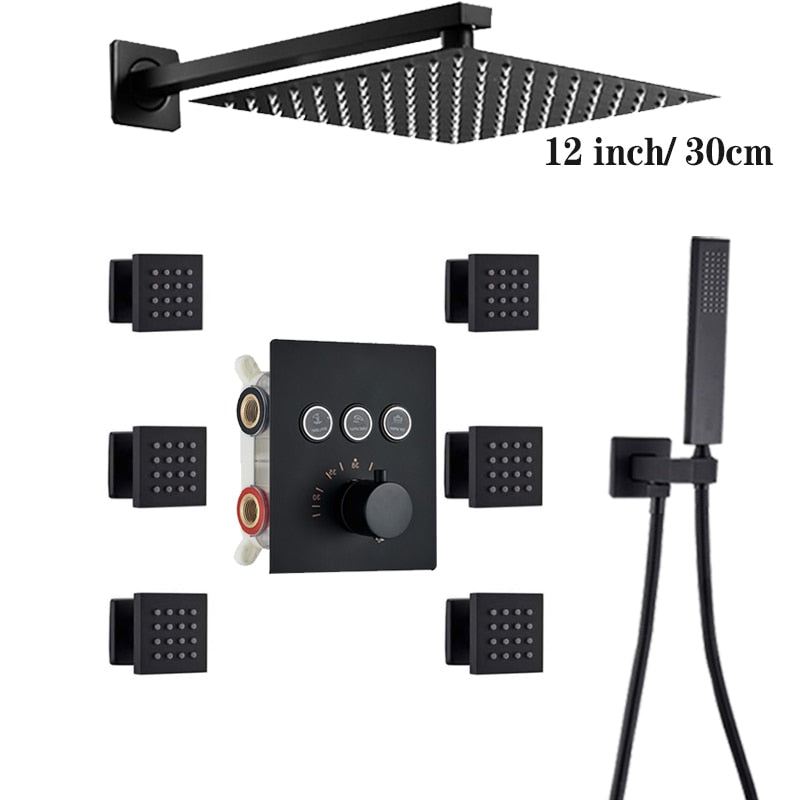 Black Square 3 way function diverter thermostatic shower with hand spray and 6 spa body jets shower set