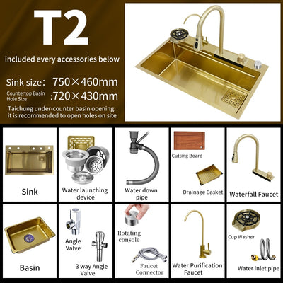 Brushed Gold Aquno 30"x18" -18 gauge stainless steel kitchen sink top mount with Kitchen waterfall, Water Filter  faucet and cleaning cup completed set