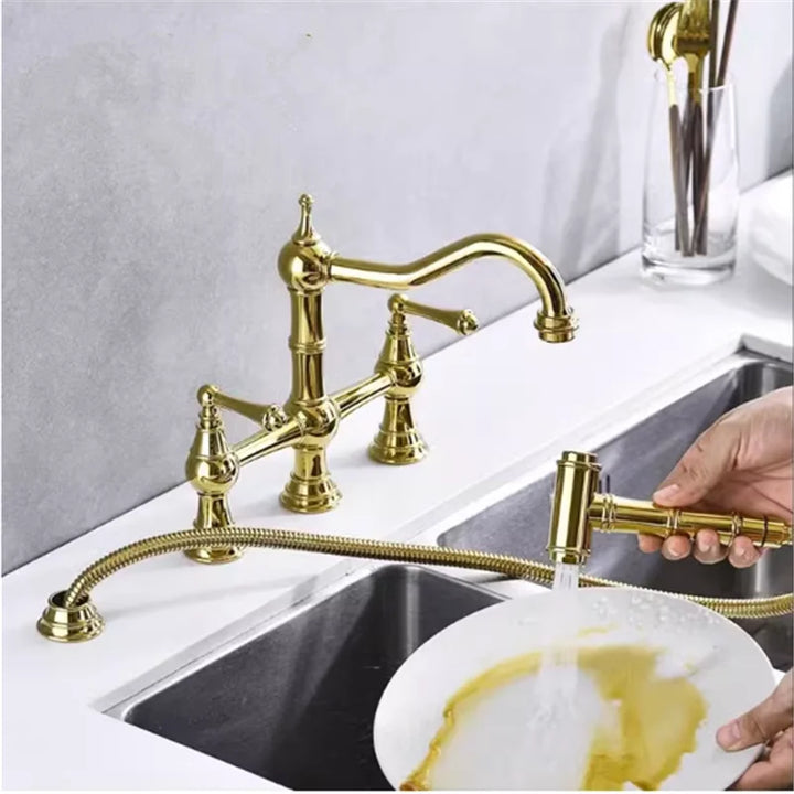 Brushed Gold-Black Victorian Bridge kitchen faucet with pull out sprayer